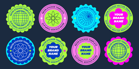 Y2k neon vector stickers tamplates. Groovy bright retro branding stickers set