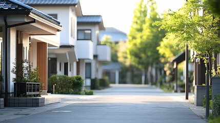 Fototapeta premium Peaceful Residential Street with Lush Greenery and Modern Homes in a Quiet Neighborhood