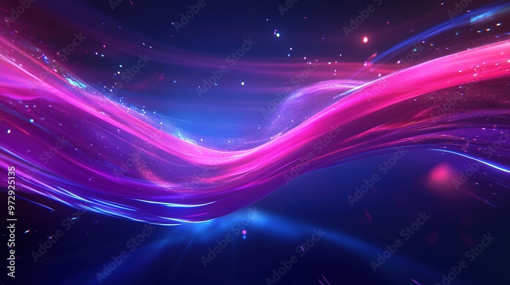 Poster colorful abstract wave patterns swirling across a dark background with sparkling lights in a dynamic