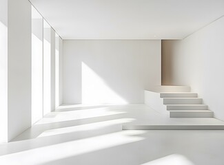 Fototapeta premium Minimalist White Room With Stairs and Windows