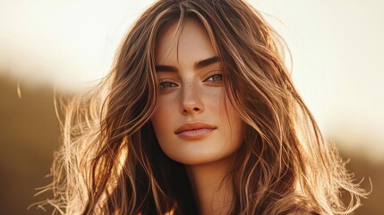 Naklejka premium A close-up of a woman with long, flowing hair styled in loose, beachy waves, capturing the effortless and natural look against a soft background.