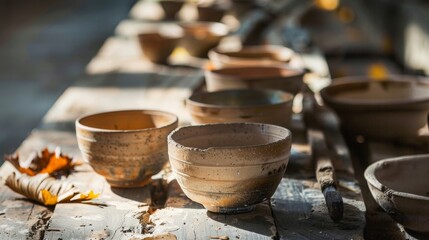 Handcrafted pottery bowls on a wooden table in natural light