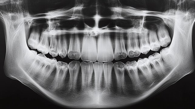 clinical evaluation using a panoramic dental X-ray (OPG), providing insights into wisdom teeth positioning and dental health