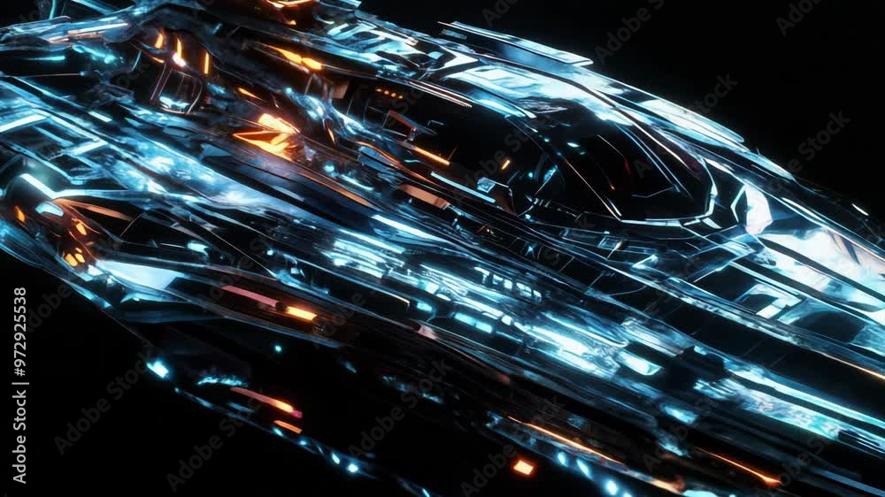 Wall mural 3d animation of a futuristic spaceship in flight on a black background