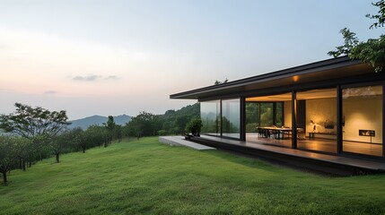 Obraz premium Modern Glass House with Mountain View in the Evening