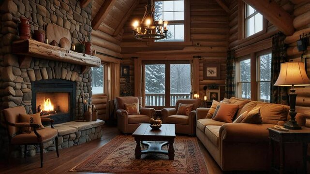 cabin with interior of fireplace, sofa, table in winter. seamless looping 4k video background animation