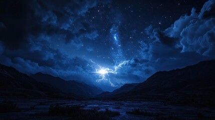 Night Sky Lightning Storm Over Mountains