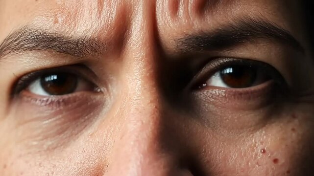 Close-up shots capture a person shifting eyes and eyebrows, expressing a variety of emotions including thoughtfulness, seriousness, and concern