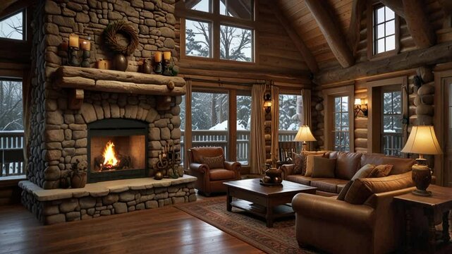 cabin with interior of fireplace, sofa, table in winter. seamless looping 4k video background animation
