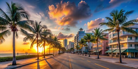 Ocean Drive at sunrise, Miami Beach, Florida , Miami, Beach, Florida, Ocean Drive, early morning, sunrise