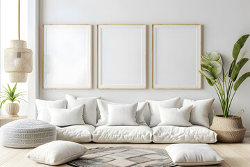 Mockup poster wood frame in empty picture living room interior vertical wooden floor There is a sofa in illustration 3d rendering Mock up. Generative Ai.