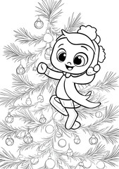 Cute Cartoon Girl with Christmas Tree