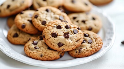 A close-up of freshly baked cookies with chocolate chips, arranged neatly on a white plate, highlighting their golden-brown color and gooey texture.