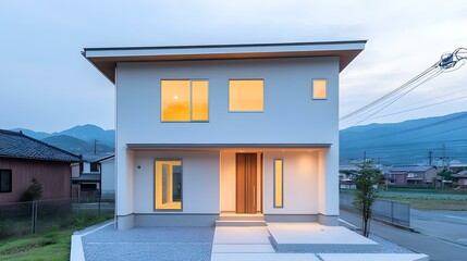 Modern White House with Wooden Door and Large Windows