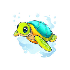 watercolor, oil painting style turtle mascot logo. Sea turtle vector illustration isolated on white background. Cartoon marine animal. 