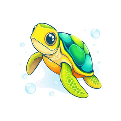 watercolor, oil painting style turtle mascot logo. Sea turtle vector illustration isolated on white background. Cartoon marine animal. 