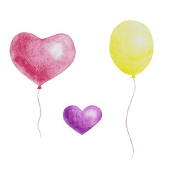 yellow and pink air balloon. Children's party, newborn or birthday celebration set. Hand painted watercolor illustration