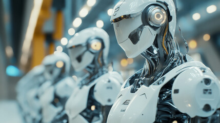 Fototapeta premium Industrial robots collaborating with human workers in a futuristic factory