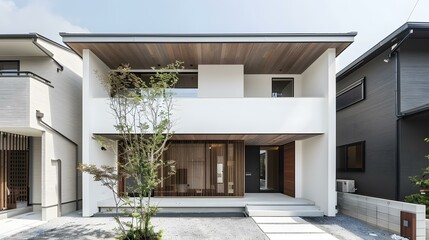 Modern White House with Wooden Accents and a Small Tree in Front