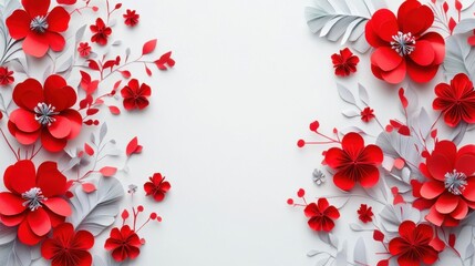 Winter Paper Cut red Blooming Flowers on white Background, Origami Art Craft Design, Decorative Floral Border for Holiday and Seasonal Themes.