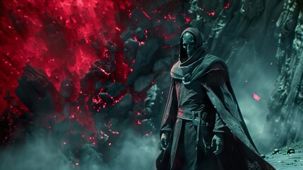 Naklejka premium A hooded figure stands before a fiery background, their face obscured by a mask. The background is a fiery red, with a rocky structure behind the figure.