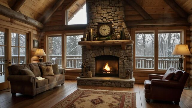 cabin with interior of fireplace, sofa, table in winter. seamless looping 4k video background animation