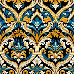 A geometric design featuring yellow and blue patterns on a black background
