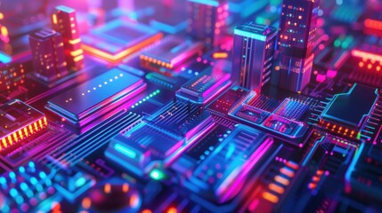 Obraz premium bstract glowing cubes with circuit motifs float in a virtual space, showcasing a sleek and modern technology environment.