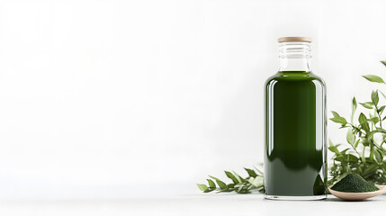Algae oil bottle with spirulina health and wellness element