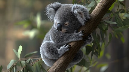 Fototapeta premium 8. **Cute 3D model of a sleepy baby koala clinging to a eucalyptus branch