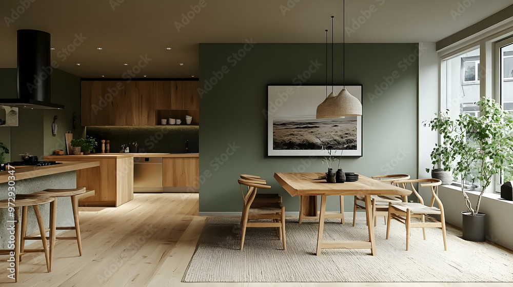 Wall mural Modern dining area with wooden furniture and green walls, featuring natural light and decor.