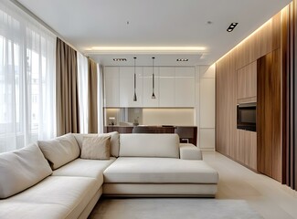 Fototapeta premium Modern Living Room Interior Design With White Walls And Wooden Accents