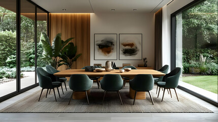Modern dining room with a large table, stylish chairs, and greenery outside.