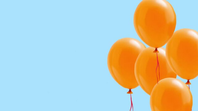  orange balloons flying up, on a blue background, happy birthday background