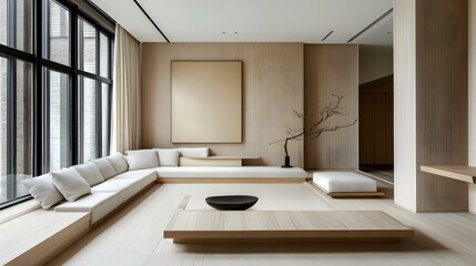 Minimalist Living Room Interior Design with Wooden Walls and Large Windows