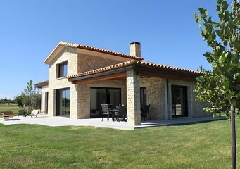 Modern Stone House With Patio And Grass Lawn