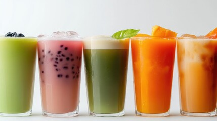 Fototapeta premium A collection of milk tea variations, including classic, matcha, and fruit-flavored options, displayed in clear glasses against a white background.