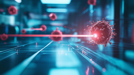 A high-tech medical setting with a laser beam focusing on cancer cells, highlighting the targeted nature of precision therapy, with surrounding healthy cells untouched.