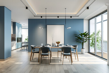 Modern interior design of apartment, empty living room with blank blue wall, dining room with table and chairs 3d render. Generative Ai.