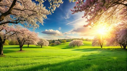 Obraz premium Beautiful spring landscape with lush green grass , nature, scenery, outdoors, springtime, blooming, picturesque, tranquil