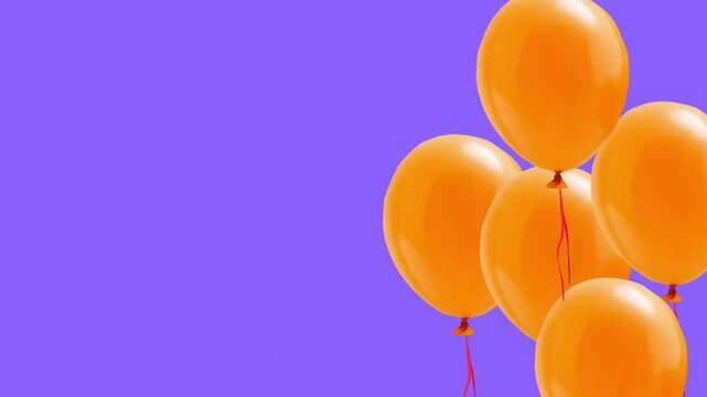  orange balloons flying up, on a purple  background, happy birthday background
