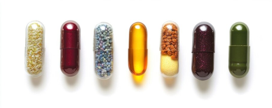 Colorful multivitamins and pills isolated on a white background.