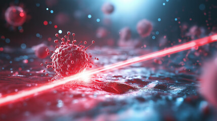 A detailed visualization of laser therapy, with a focused laser beam targeting a small cluster of cells, highlighting the precision and accuracy of the technology.