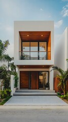 Modern White House with Wooden Accents and Balcony