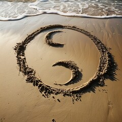 Drawing of Yin Yang Symbol in Wet Sand at Beach During Sunrise