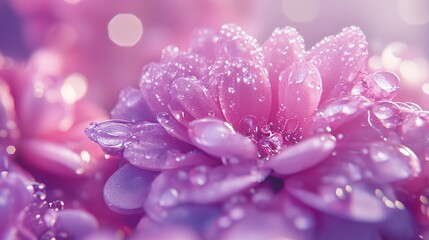 Fototapeta premium Close-up of dew-kissed pink flowers during early morning light with soft bokeh effect creating a dreamy atmosphere
