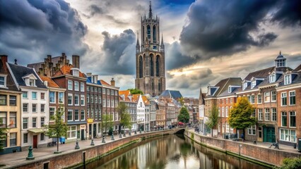 Obraz premium Old town in Utrecht with Dom Tower on a cloudy day, Utrecht, Netherlands, Dom Tower, old town, cloudy, architecture