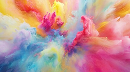 Fototapeta premium Vibrant abstract explosion of colorful smoke and clouds showcasing a blend of pink, yellow, blue, and purple hues against a soft gradient backdrop
