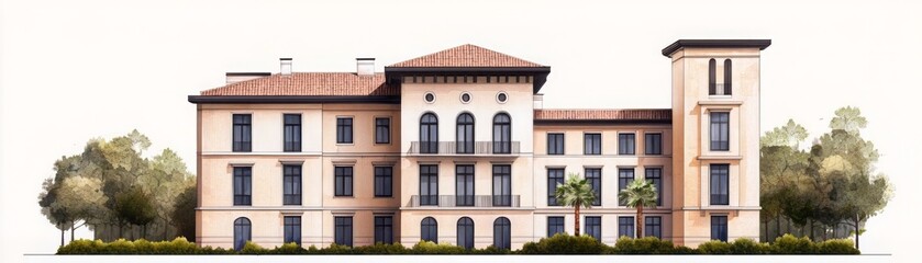 Fototapeta premium Elegant architectural design of a luxurious building with trees, showcasing a blend of classic and modern styles.