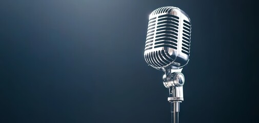 Old-school microphone with polished chrome details, professional equipment for vintage-style broadcasting or live performances
